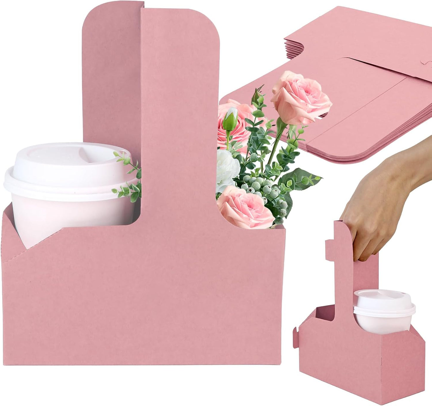 15Pcs -2 Cup Drink Carrier with Handle - Paper Cup Holder, Coffee Carriers Tray for Drinks, Disposable Takeaway Cardboard Holders To Go for Food Delivery, Uber Eats/Door Dash Two or 4 Kraft Paperboard