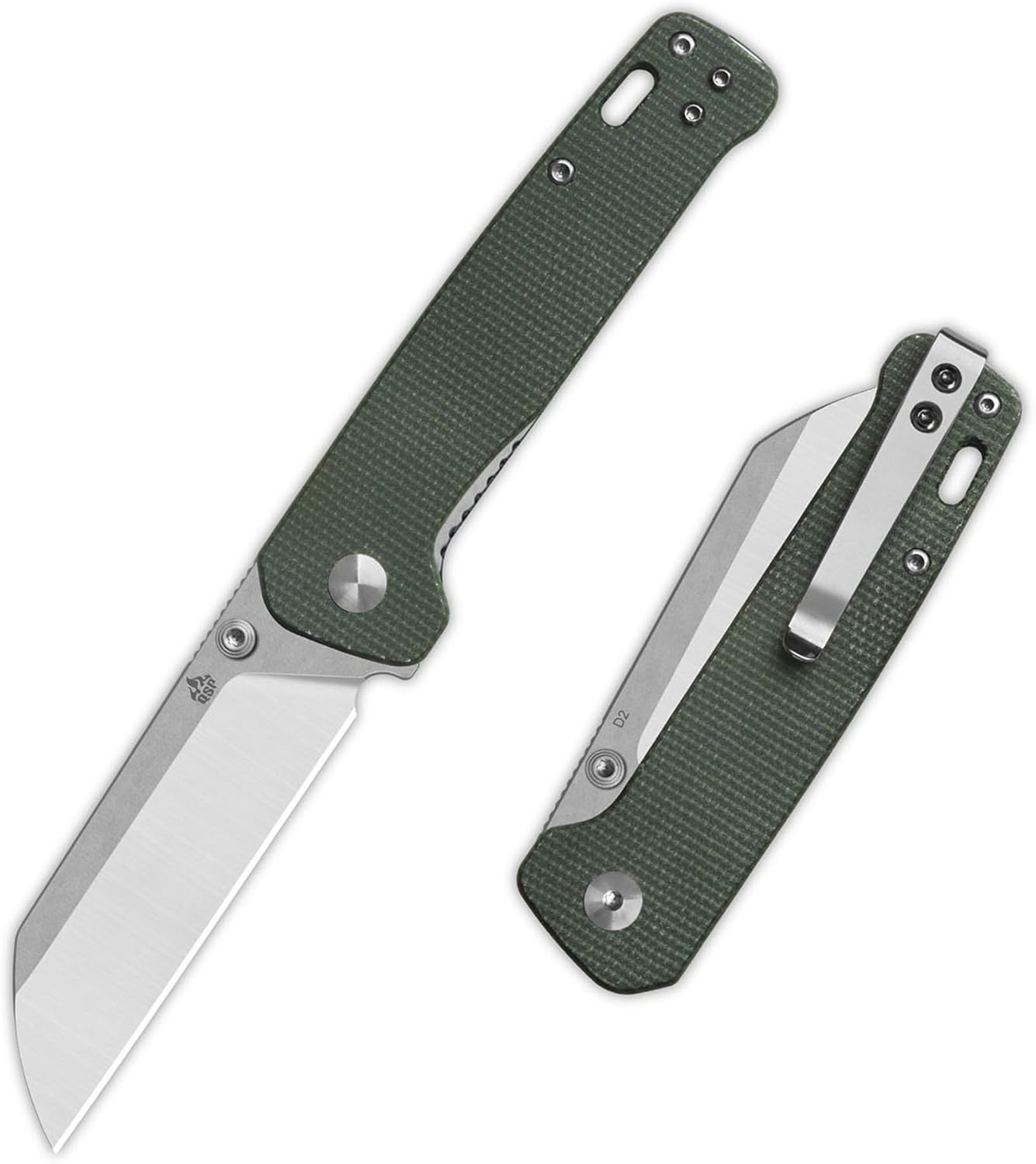 QSP Penguin V2 Folding Pocket Knife, 3.06" D2 Two Tone Finish Stonewash Satin Blade EDC Knife, Green Micarta Handle, Liner Lock, Ceramic Ball Bearings, Reversible SS Deep Carry Clip