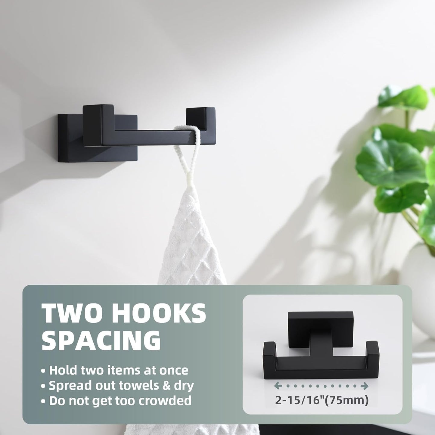 Suyar Matte Black Double Towel Hook, SUS 304 Stainless Steel Bathroom Coat Robe Hook, Hand Towel Holder for Wall