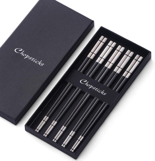 Buyer Star 5-Pair Black Stainless Steel Chopsticks - Metal Reusable Chinese Square Chopsticks