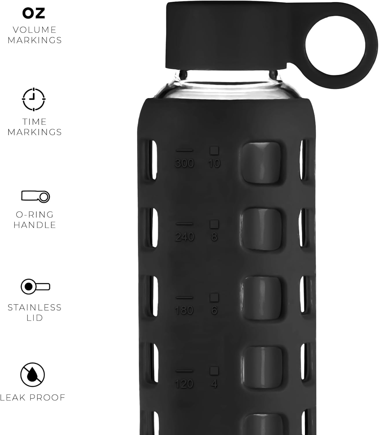 purifyou 40oz / 32oz / 22oz / 12oz Borosilicate Glass Water Bottle with Time & Volume Markers, Silicone Sleeve, Stainless Steel Lid – Reusable Glass Bottle for Water & Juice (12oz Jet Black)
