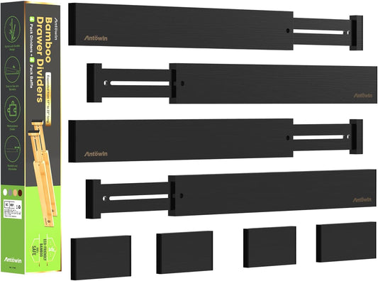 ANTOWIN Bamboo Drawer Dividers Organizers, Drawer Separators Splitter,17-22 inches Long Adjustable Spring-loaded Organizer for Large Utensil, Clothes, Tools Drawers (Black)