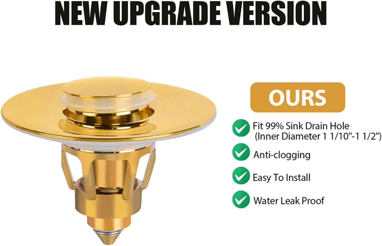 Three colors Bathroom Sink Stopper, 1.1-1.5" Bathroom Sink Drain Strainer, Universal WashBasin Pop Up Drain Stopper, Bounce Core Push Type Sink Plug, Anti-Clogging, Stainless Steel (Gold,1PCS)
