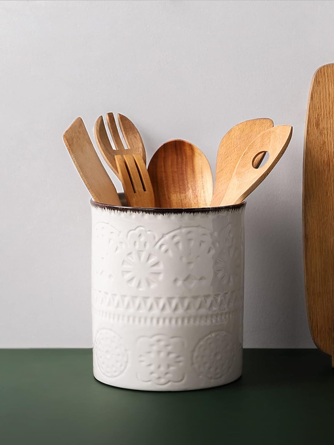 DOWAN 7.2" Kitchen Utensil Holder, Extra Large Farmhouse Utensil Holders for Countertop, Ceramic Utensil Crock, Anti Slip Cork Bottom (White, 7.2 Inch)