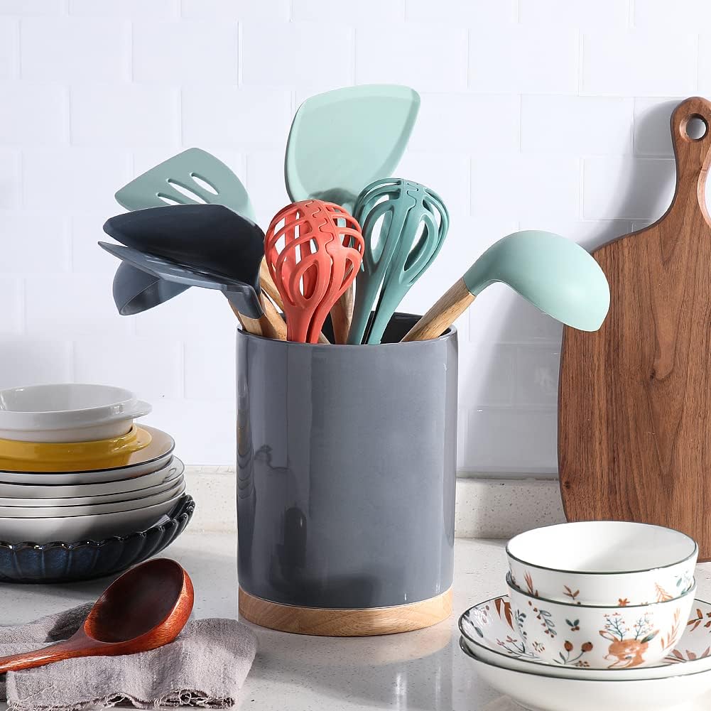Sweejar Kitchen Utensil Holder with Wooden Bottom, 8.2" Ceramic Utensil Crock to Hold Spatulas for Cooking Countertop, Housewarming, Wedding, Birthday Gift (Gray)