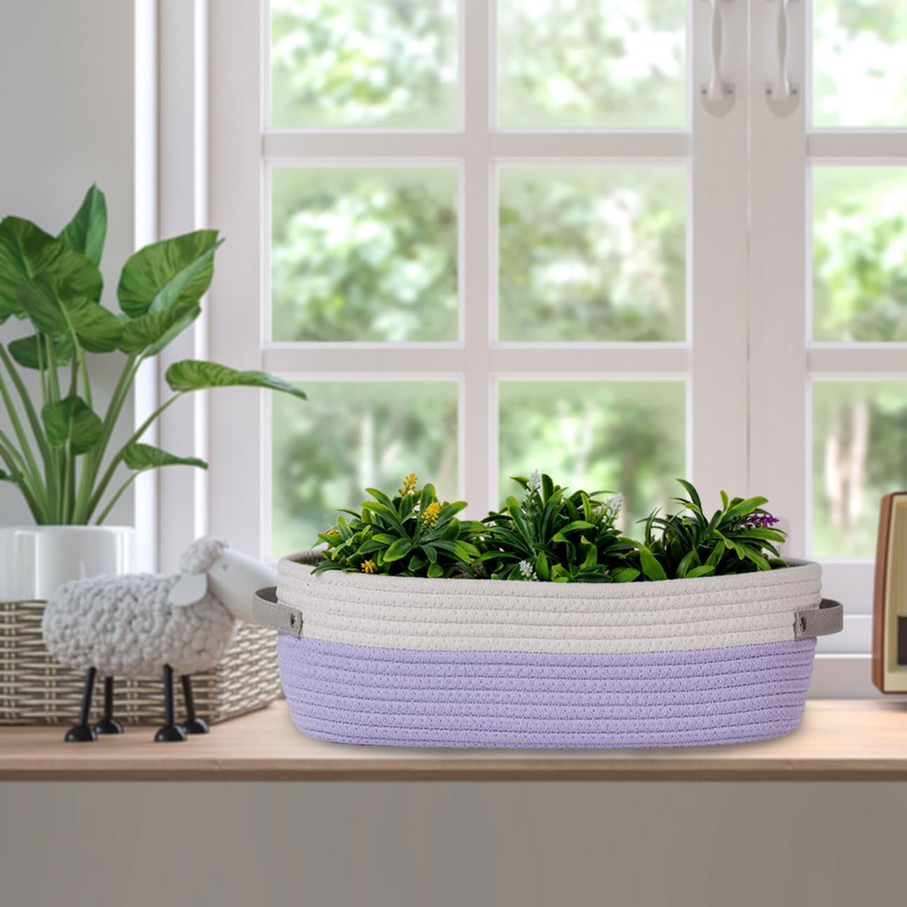 2 Pack Small Cotton Rope Woven Basket Toilet Paper Baskets for Organizing Decorative Baskets for Boho Decor Small Storage Basket 13"x5.9"x4" Purple