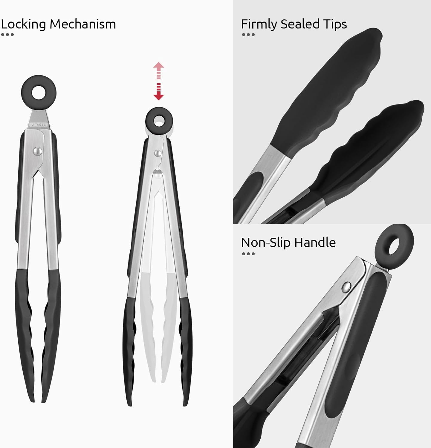 600ºF Heat Resistant Kitchen Tong: U-Taste 7 inch Silicone Cooking Tong with Firm Sealed Non Stick Rubber Tips & Silicon Coated 18/8 Stainless Steel Handle & Smooth Locking for Serving Salad (Black)