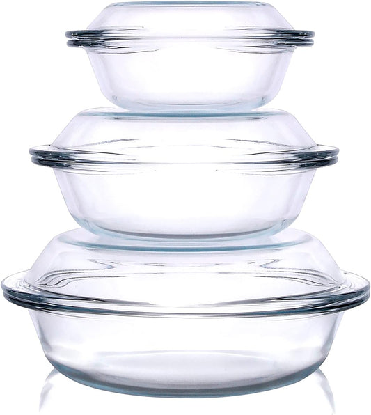 Set of 6 Round Glass Casserole Dishes, Nesting Glass Baking Dish Set with Lid, Oven, Freezer and Dishwasher Safe. - 0.5QT+1QT+1.8QT