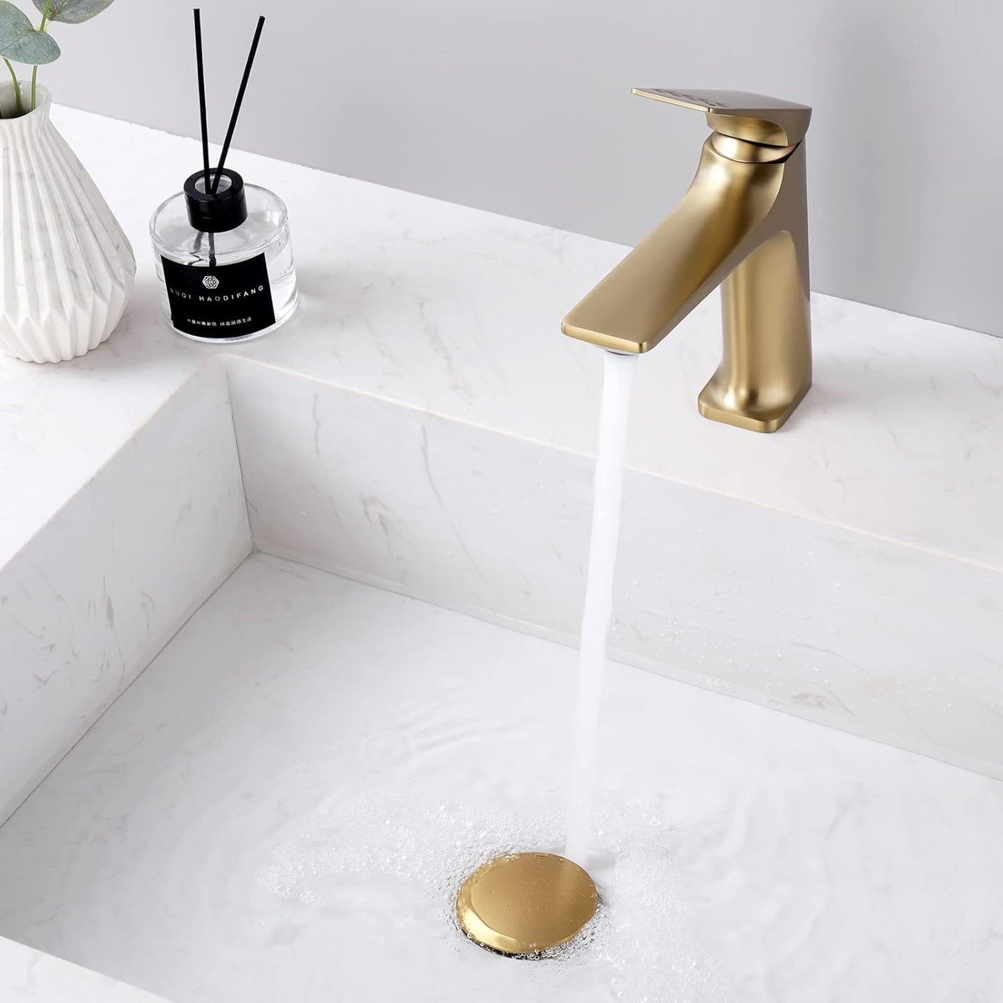 Bathroom Sink Pop Up Drain Without Overflow, Vessel Sink Drain with Detachable Filter Basket, Anti-Corrosion and Anti-Clogging Sink Pop Up Drain Stopper (Brushed Gold)