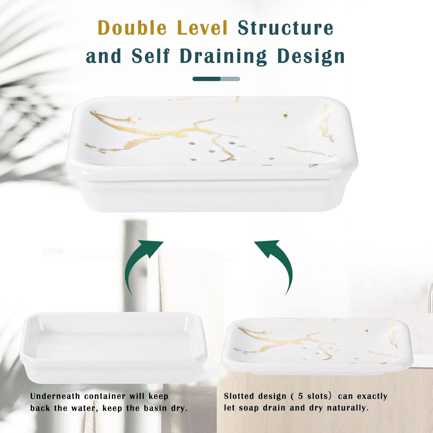 Shinowa Ceramic Soap Dish,Double Soap Holder with Drain,Porcelain Self Draining Soap Dish,Bar Soap Holder for Shower Bathroom Kitchen,Keeps Soap Dry,Easy Cleaning, White