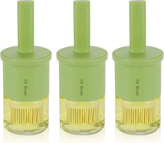 3 Pack Glass Oil Dispenser With Brush - 300ml/10oz Kitchen Cooking Bottle for Oil, BBQ Sauce, Vinegar - Green Basting Bottle With Silicone Brush