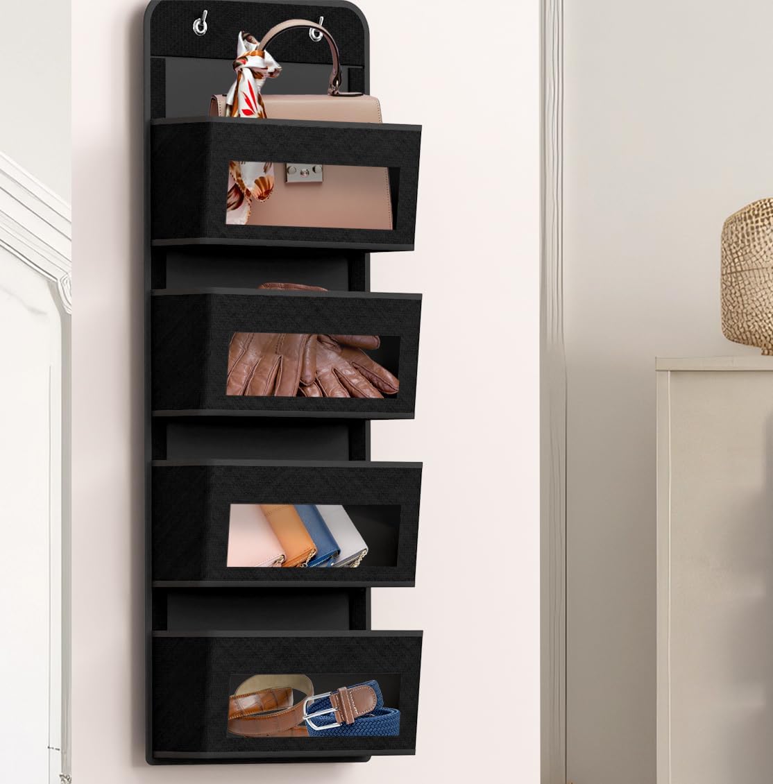 Simple Houseware 4 Clear Window Pocket Over Closet Door Storage Hanging Organizer for Bedroom, Bathroom, Pantry, Black