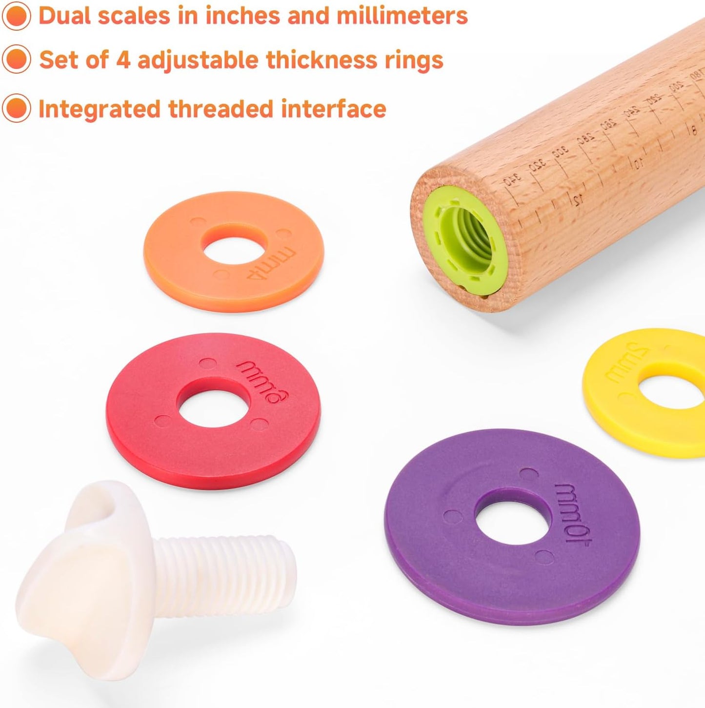 Wooden Rolling Pin with Thickness Rings and Pastry Baking Mat, Pizza, Cookie, Bread, Pie Crusts,Roller Rod for Dough Thickness, 13.6" with 4 Multicolored Thickness Rings&Cookie Molds
