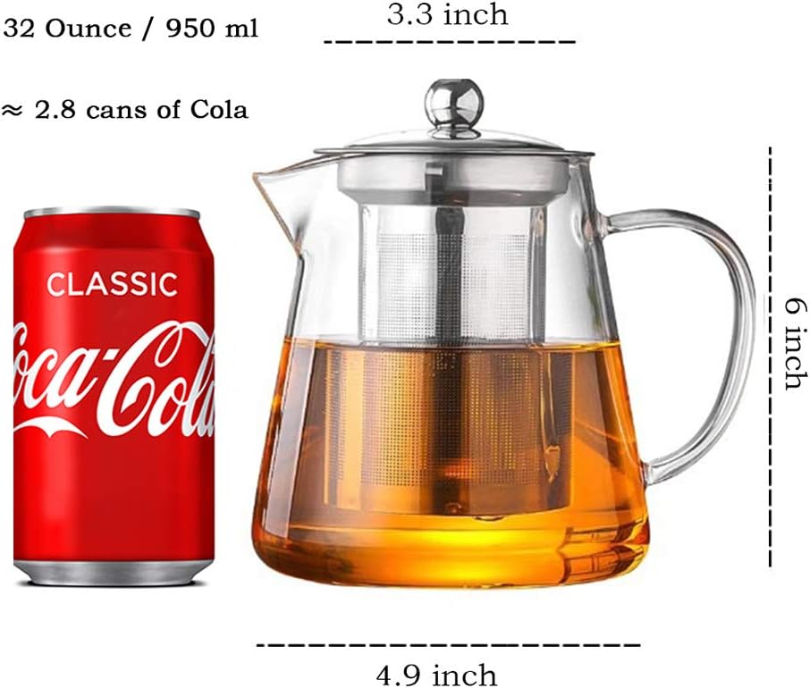 Glass Teapot with Infuser Tea Pot 32oz/43oz Tea Kettle Stovetop Safe Blooming and Loose Leaf Tea Maker Set (32oz/ 950ml)