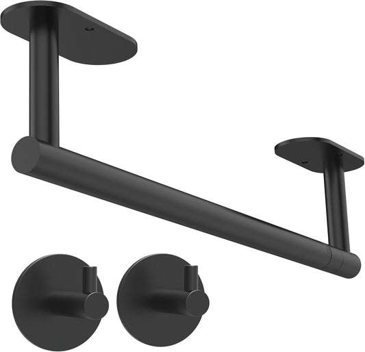 Paper Towel Holder Under Cabinet, Self Adhesive or Wall Mounted SUS304 Stainless Steel Paper Towel Holder for Kitchen, Bathroom(2 Towel Hooks, Matte Black)