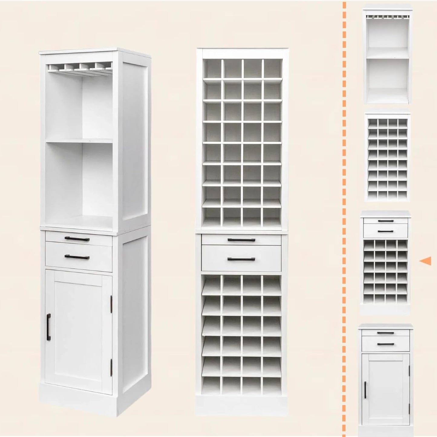 WERSMT 6-Tier Wine Rack Freestanding Floor with 2 Drawers, 24 Bottles Wood Wines Racks Counter for Small Space, Farmhouse Stackable Modular Wine Bottle Holder Rack, White