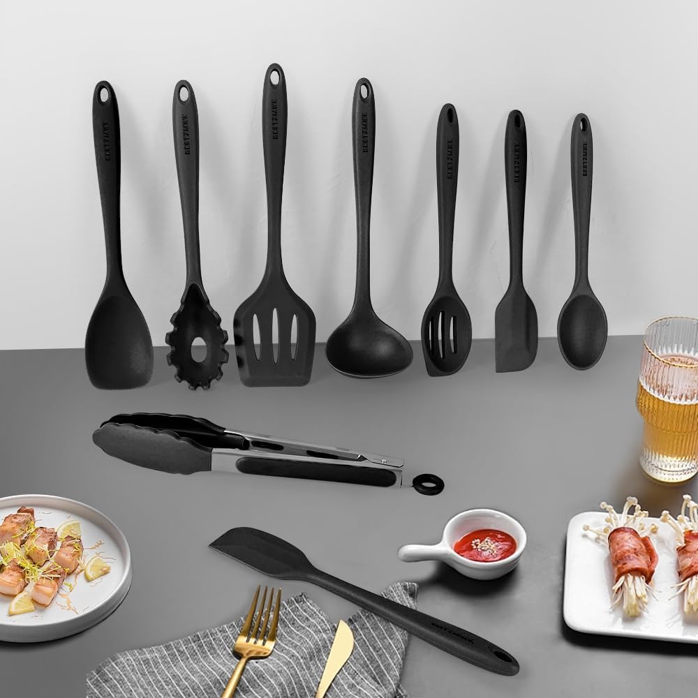 Kitchen Utensil Set - 11 Cooking Utensils - Colorful Silicone Kitchen Utensils - Nonstick Cookware with Spatula Set - Colored Best Kitchen Tools Kitchen Gadgets (Black)
