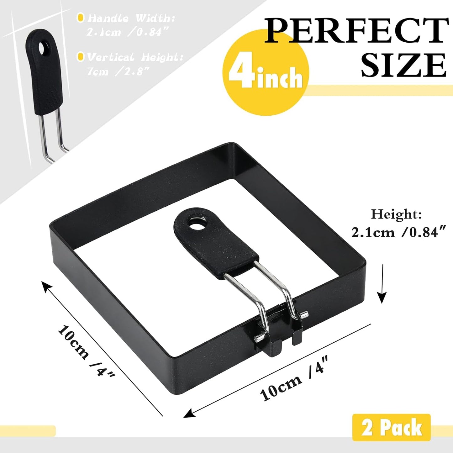 2-Pack 4'' Square Egg Rings Set, Silicone Handle, Stainless Steel, Nonstick, For Frying Eggs