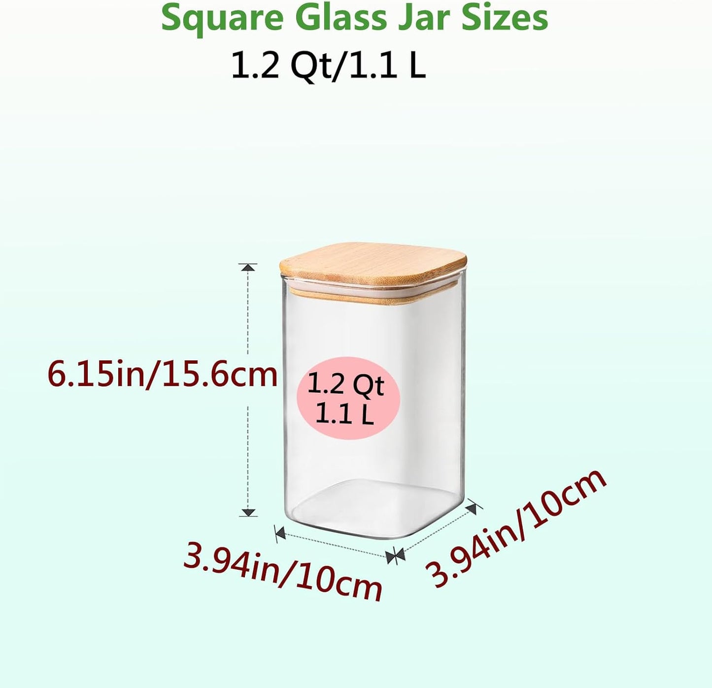 1.2 Qt Square Glass Storage Containers with Lids, glass jar with airtight lid, Glass Canister for Pantry Cookie Flour Cereal Rice Sugar Tea Coffee Beans Spice, Square Set of 4