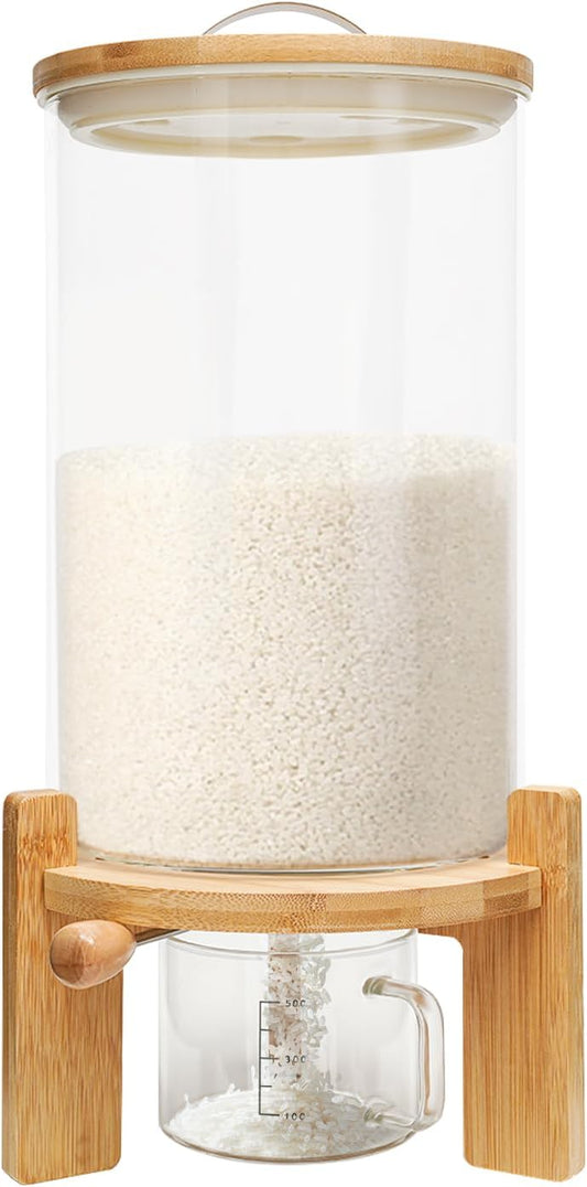 CNCEST Flour and Cereal Container, Glass Rice Dispenser, Countertop Cereal Dispenser with Measuring Cup, Airtight Lid & Wooden Stand for Storing Rice, Flour, Nuts, Coffee Beans (7.5L/1.98Gal)