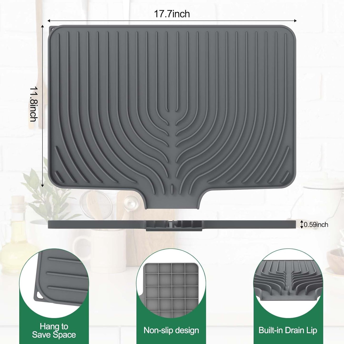 GUUKIN Silicone Dish Drying Mat,17.7" x 11.8 " Drying Matt Kitchen Counter, Non-Slip Drying Pad, Easy Clean Pad for Countertop Protection, Multi-Functional Use, Not applicable Bumps up sink (Grey)