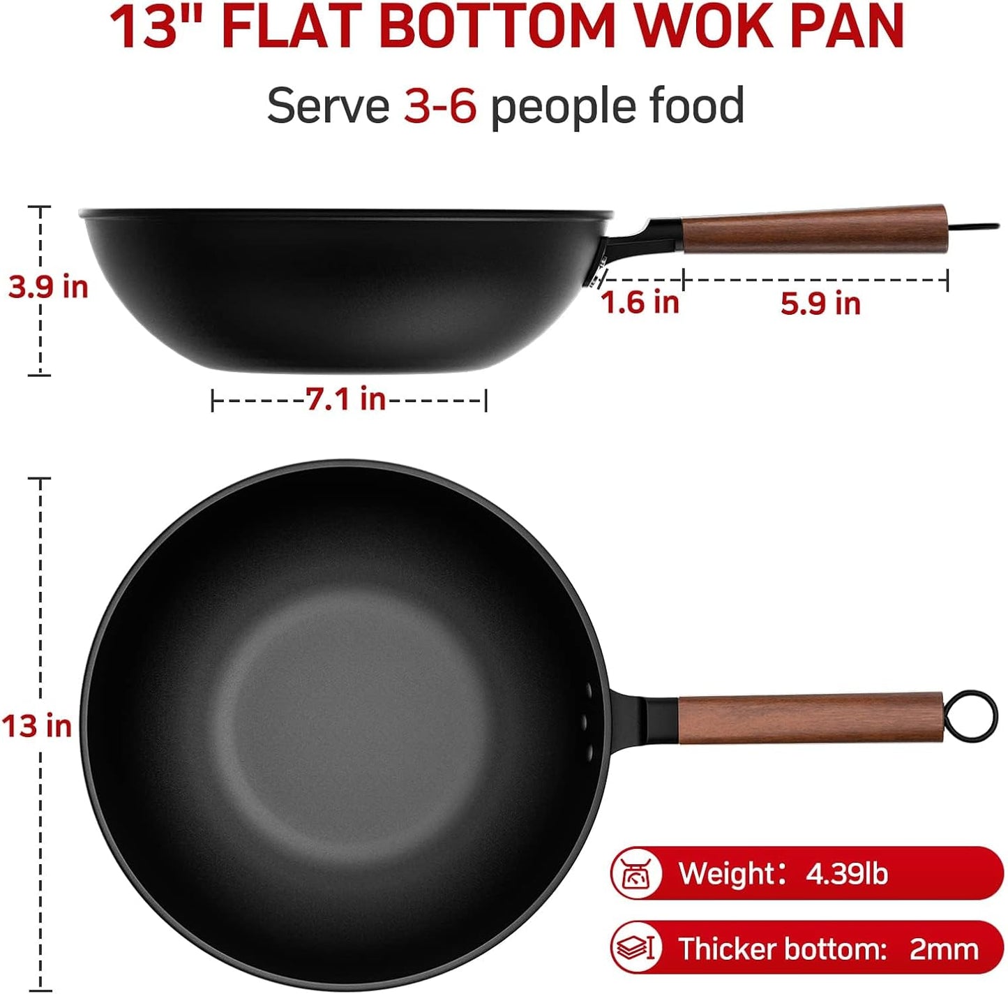 Carbon Steel Wok - Including Glass Cover and Steel Spatula, 13-Inch Woks & Stir-Fry Pans for Induction, Electric, Gas Stoves