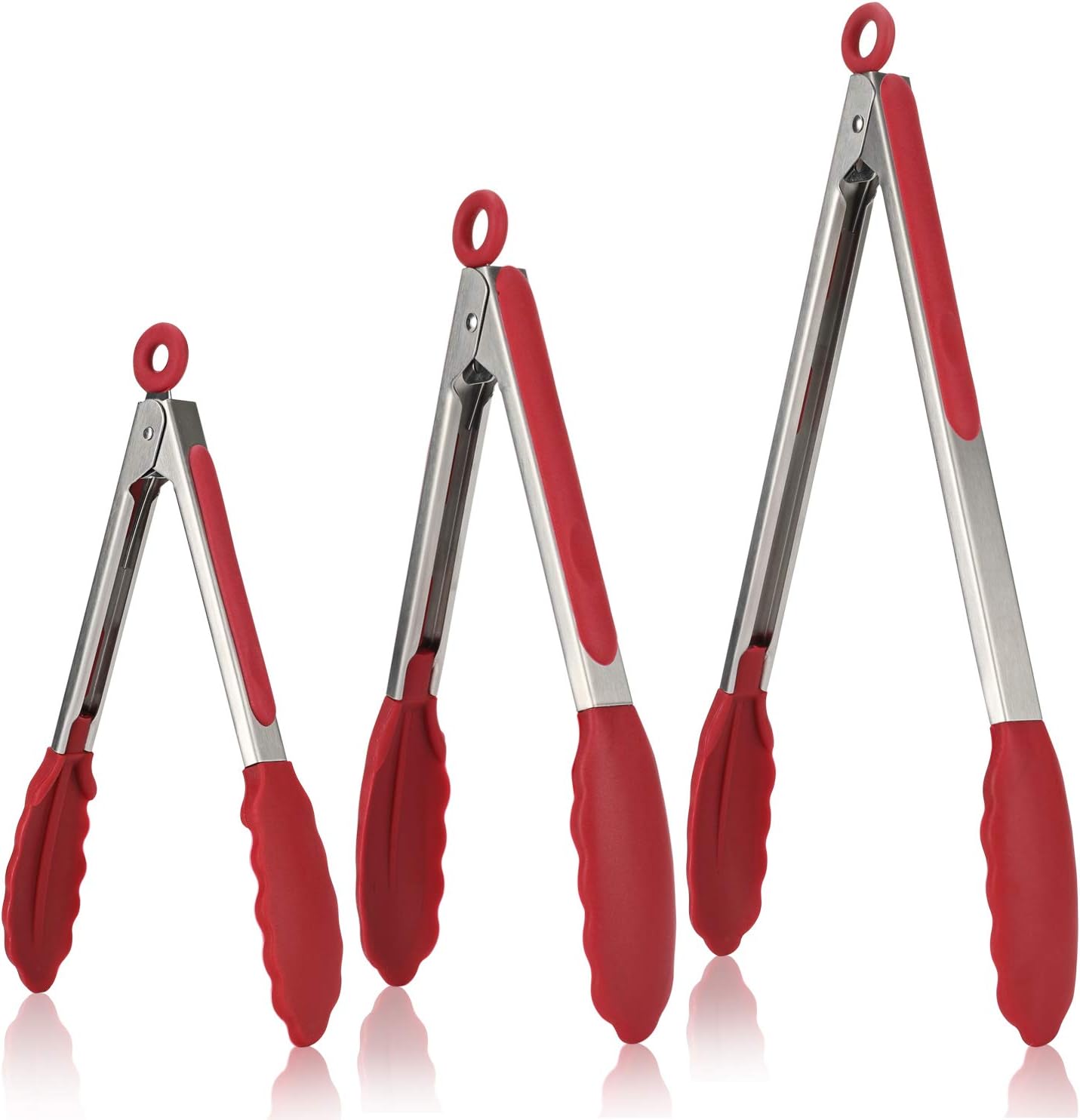 U-Taste Kitchen Tongs, 7/9/12 inches Cooking Tongs, with 600ºF High Heat-Resistant Non-Stick Silicone Tips, 18/8 Stainless Steel Handle, for Food Grill, Salad, BBQ, Frying, Serving, Pack of 3(Red)