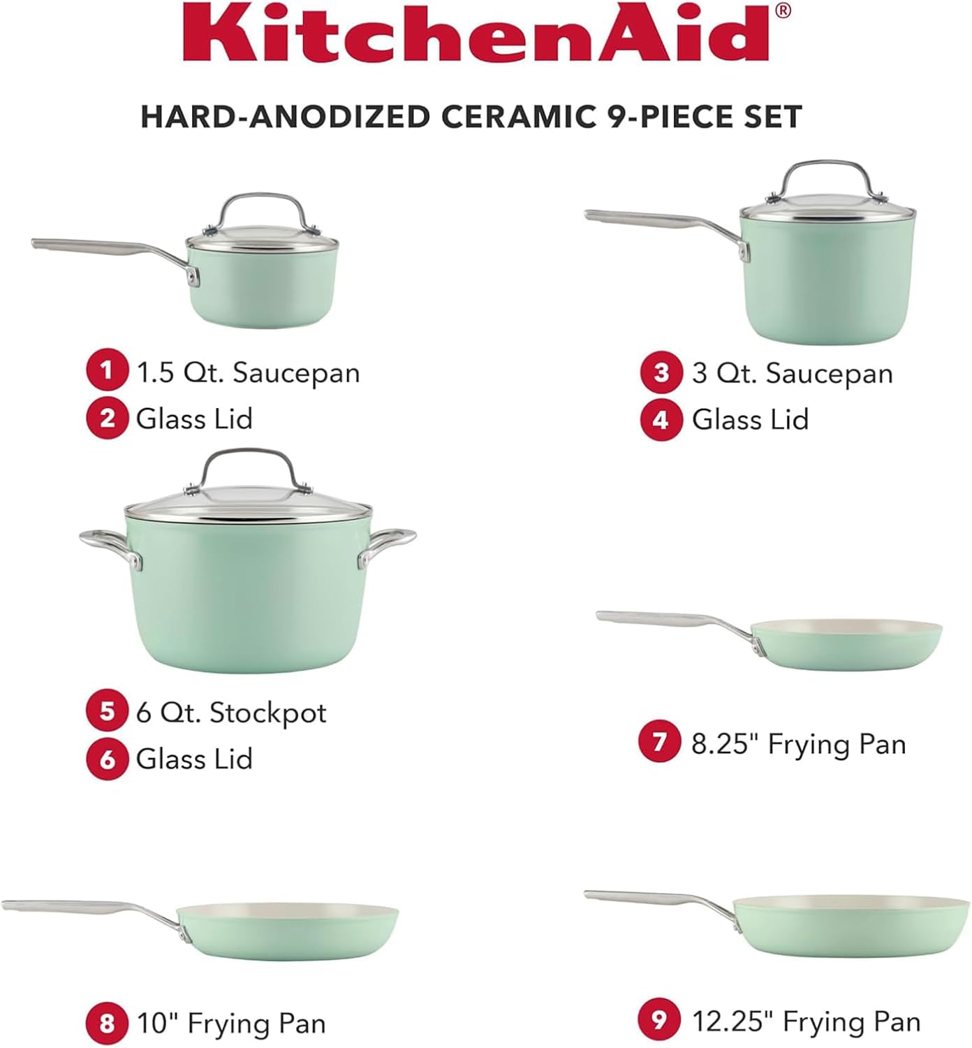 KitchenAid Hard Anodized Ceramic 9-Piece Nonstick Cookware Set – Includes Fry Pans, Saucepan, Stockpot, Durable, Even Heating, Oven Safe to 500°F, Pistachio