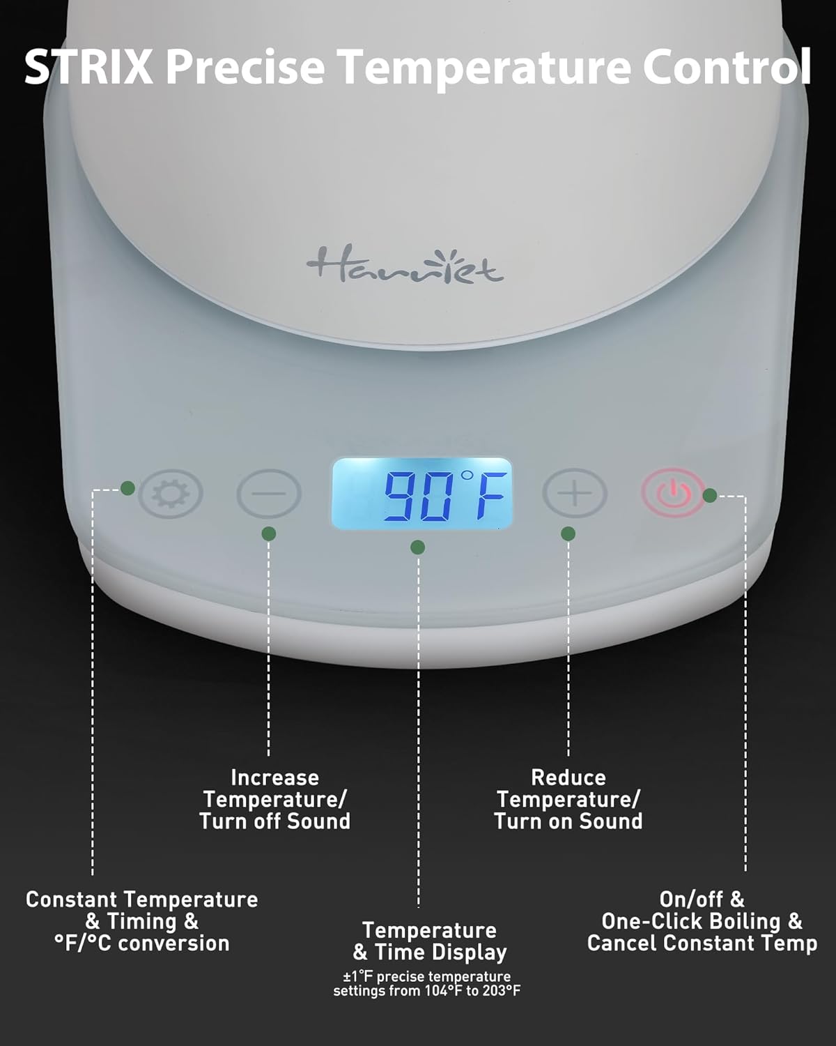 Harriet Gooseneck Electric Kettle - 1200W Fast Heat, 0.8L Stainless Steel, Precision Temp Control & Timer, Wood Handle, Pour Over Coffee and Tea, White