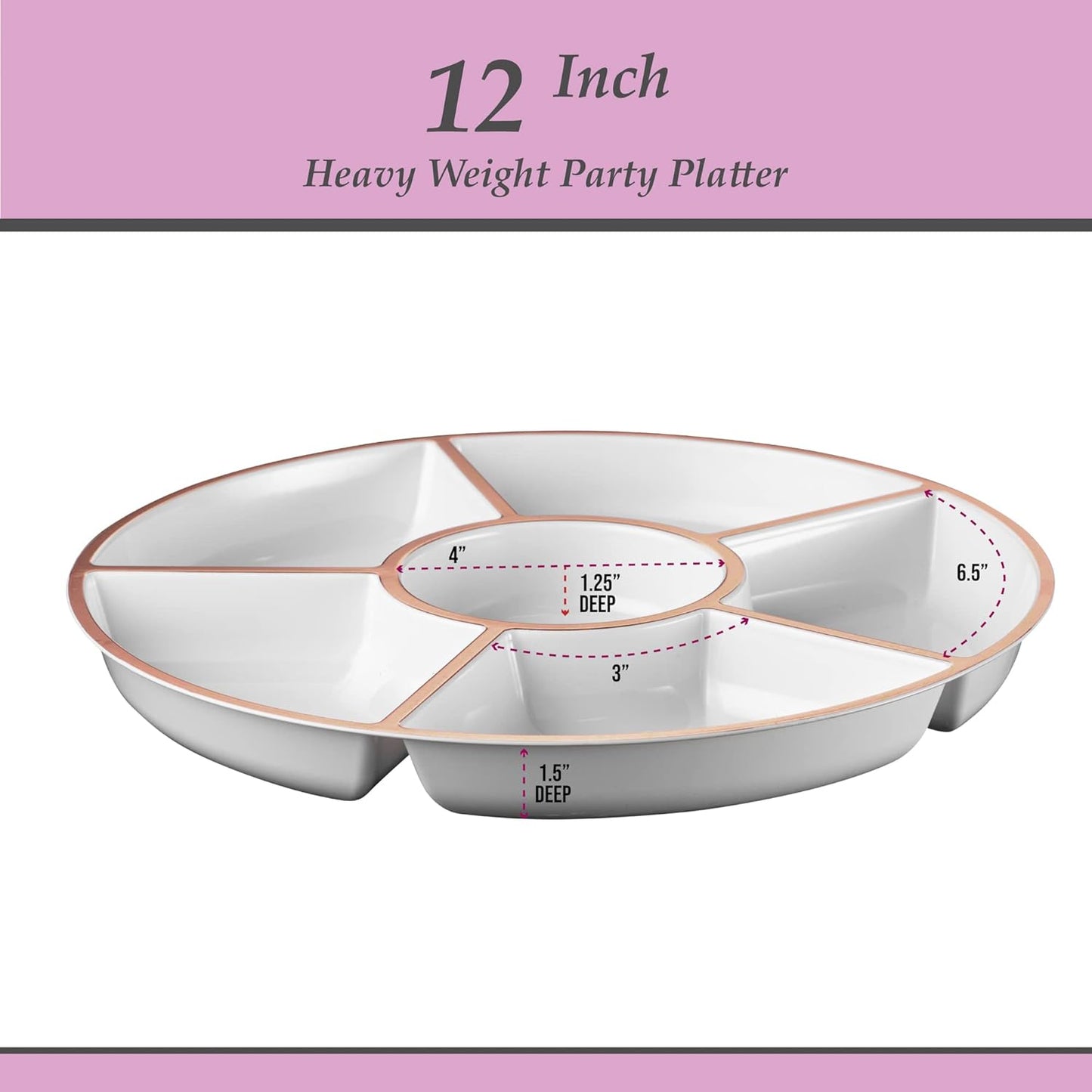 Plasticpro 6 Sectional Round Plastic Serving Tray/Platter (8, White & Rose Gold)