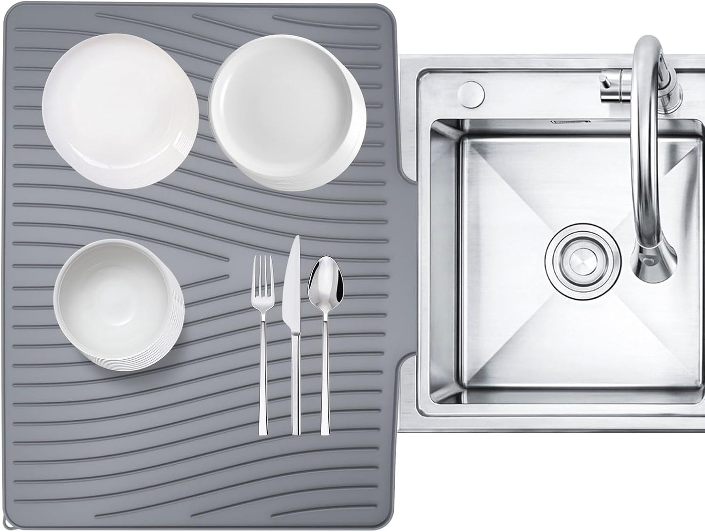 Silicone Dish Drying Mat with Drain Lip 23.6'' x 17.9'' Non-Slip Silicone Dish Drying Mat for Kitchen Counter, Heat Resistant Dish Drying Pad Quick Dry Self-draining Dish Drainer Mat Board Grey