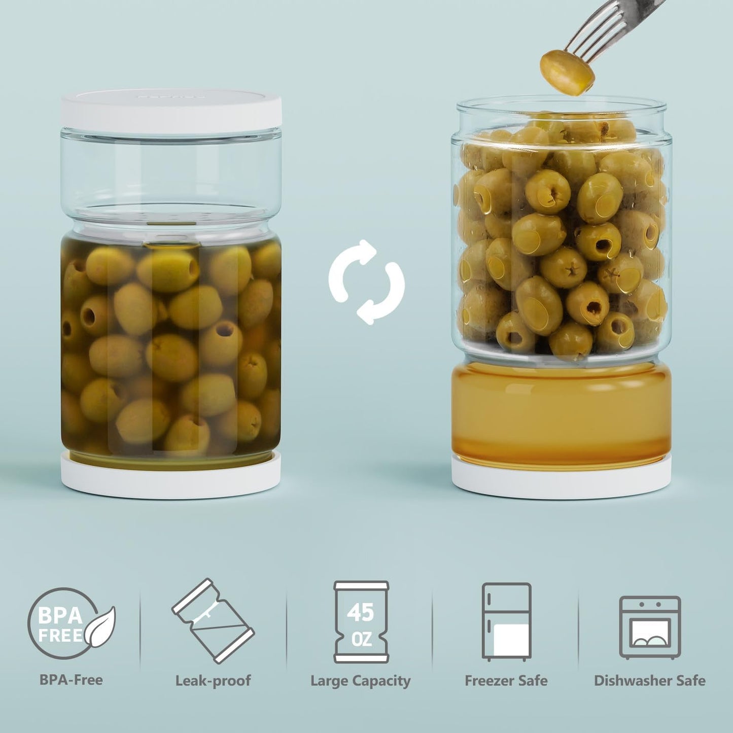 Glass Pickle Jar with Strainer for Pickle Lover - 45 Oz Leakproof and Airtight Juice Separator for Olive, Gherkin, Chilli, BPA Free, Dishwasher and Refrigerator Safe (White&Green, 45oz*2pcs)