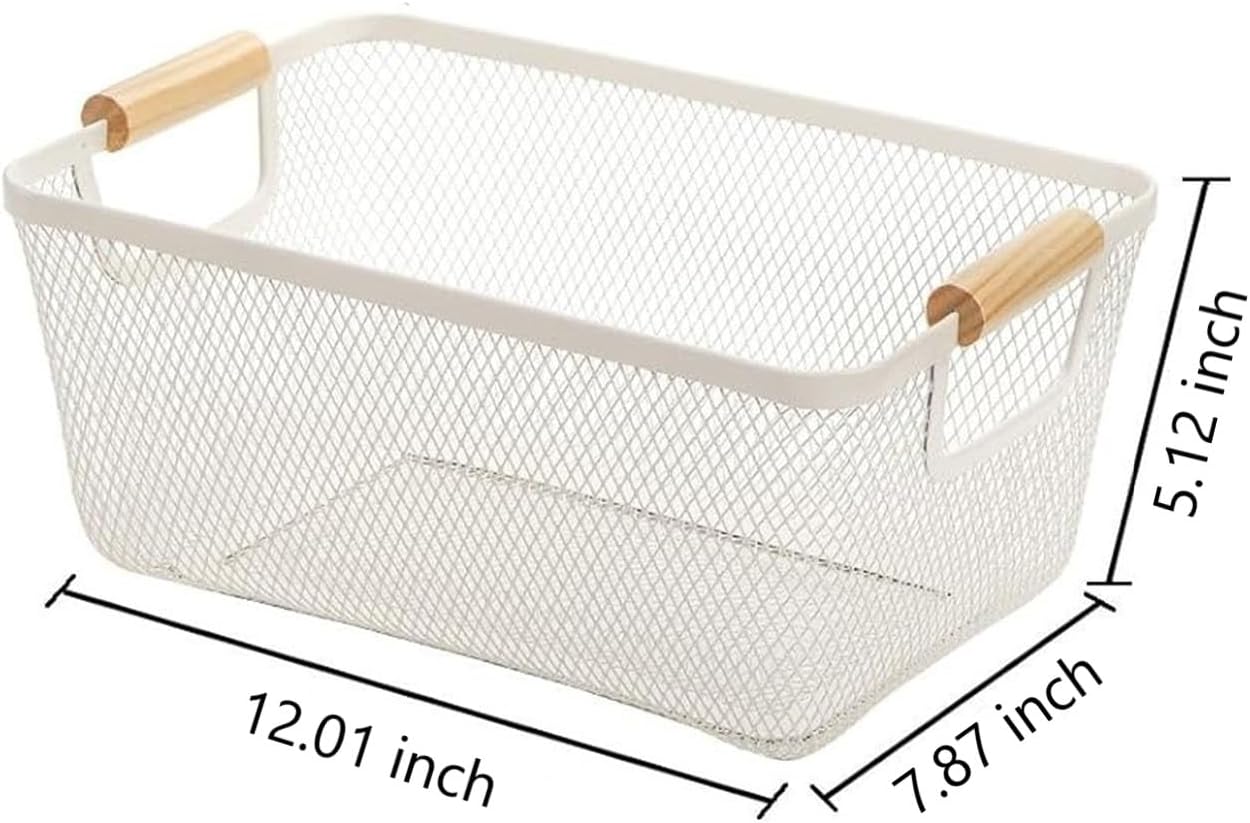 Metal Mesh Steel Basket, Medium Wire Storage Organizer Basket Multi-function Hanging Kitchen Basket with Wood Handle for Kitchen Bathroom Picnic Home, Rectangle-Off White