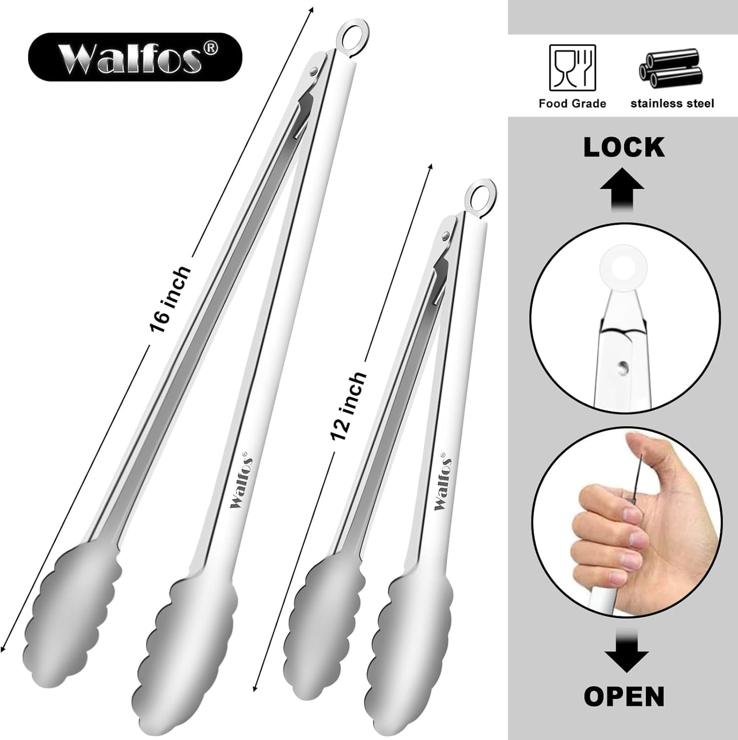 Tong for cooking, Walfos kitchen tongs set of 2 - Heat Resistant 600℉, Heavy Duty Locking Metal cooking Tongs, Stainless Steel BBQ Grilling,(All Metal 12in+16in)