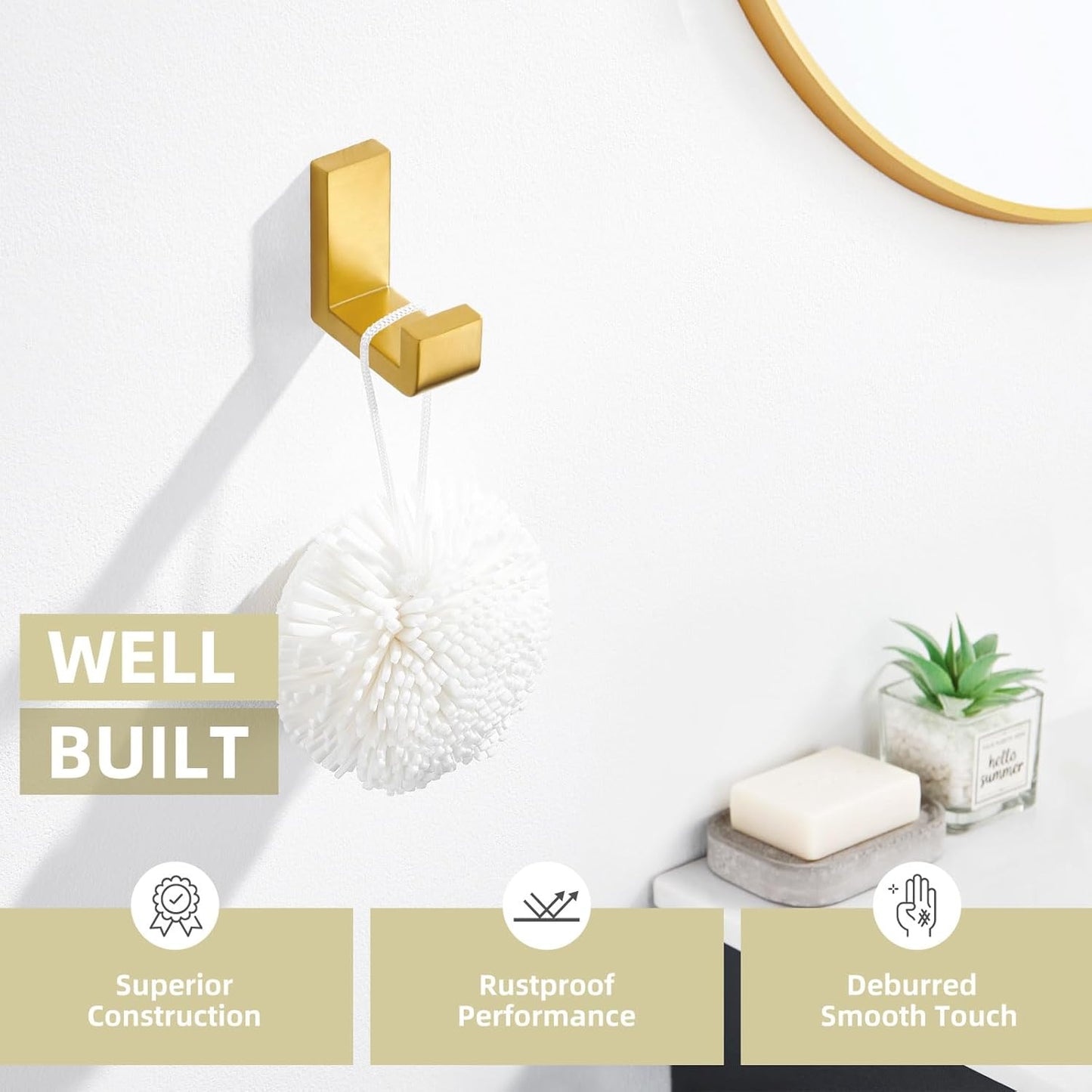 Angle Simple Towel Hook for Bathroom, SUS 304 Stainless Steel Shower Wall Coat Hook, Bath Robe Holder Hanger, Brushed Gold