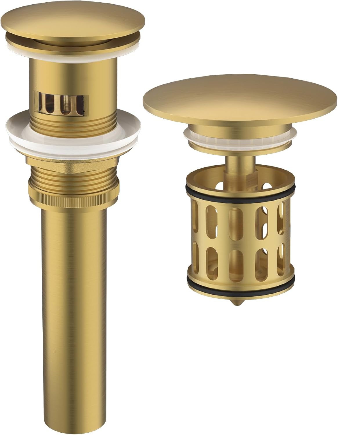 Bathroom Pop up Drain with Overflow, Anti-Clogging Vessel Sink Drain Strainer, Pop Up Drain with Detachable Basket, Hair Catcher Bathroom Sink Drain Stopper (Brushed Gold, with Overflow)