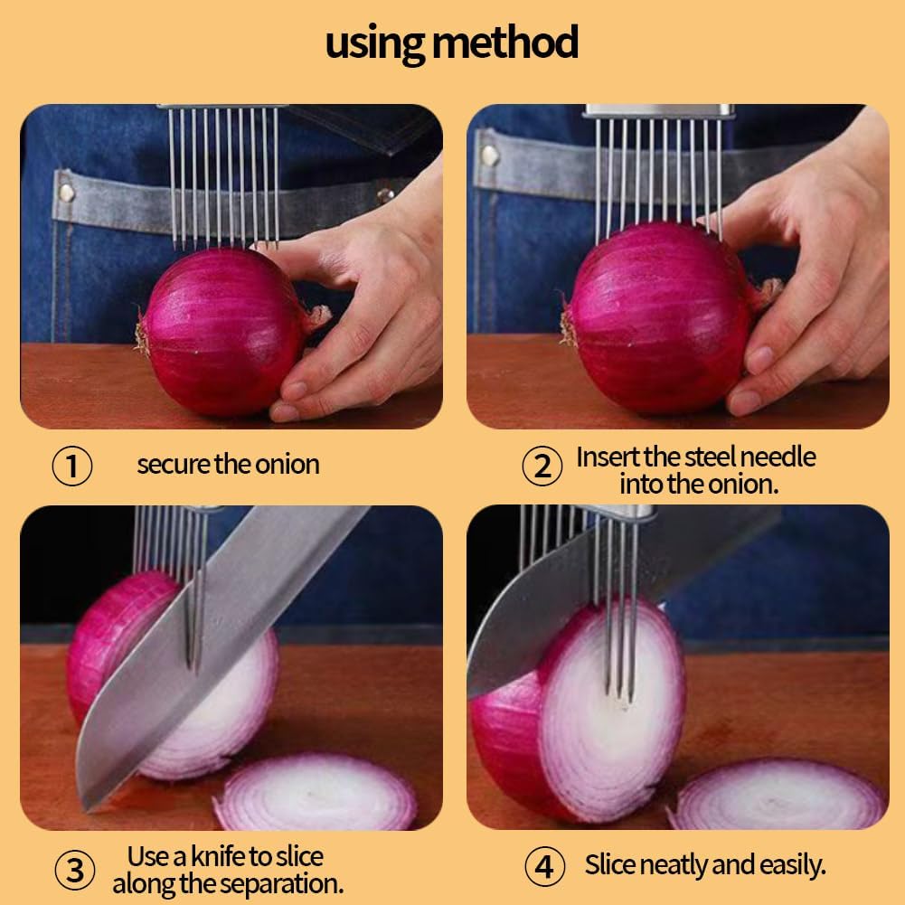Onion Holder for Slicing, Stainless Steel Onion Slicer and Chopper, Lemon Slicer Vegetable Cutter Kitchen Tool, Food Slicing Assistant for Meat, Tomato, Potato, Lemon (2 Pack)