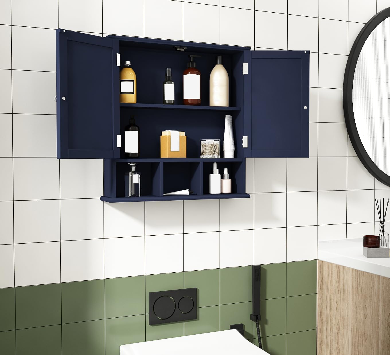 ChooChoo Bathroom Cabinet Wall Mounted 2-Door with 3 Open Shelves， Wooden Medicine Cabinets with Adjustable Shelf，Space Saver Storage Cabinets Over The Toilet for Bathroom&Living Room,Blue