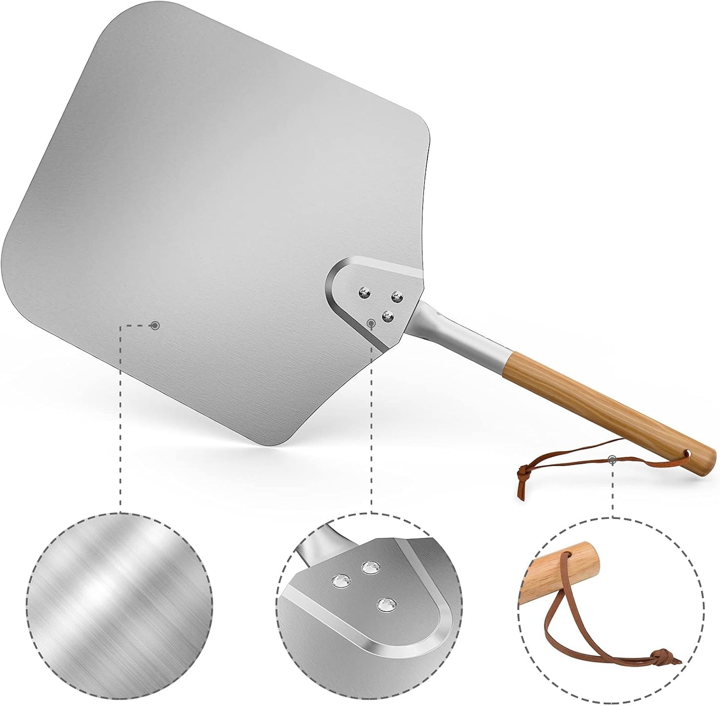 only fire Metal Pizza Peel with Wooden Handle for Indoor & Outdoor Grill Oven, 12 x 14 inch Pizza Baking Spatula Paddle for Baking Bread Pies, 28 Inch Long