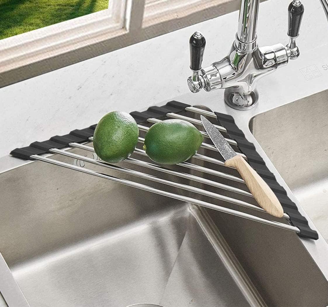 Ahyuan Roll up Dish Drying Rack Over The Sink Kitchen Roll up Sink Drying Rack Portable Dish Drainer Foldable Dish Drying Rack (Black, Triangle 16.3''X9.4'')