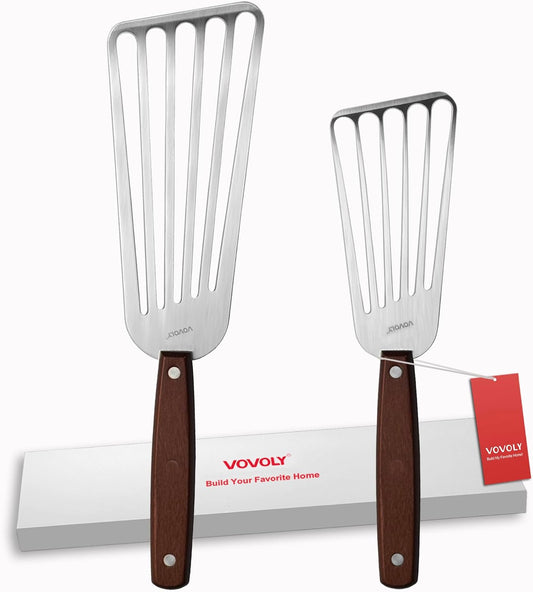 2 Pack Fish Spatula Turner, Stainless Steel Slotted Spatulas for Flipping, Turning, Frying & Grilling, 3"x6"+4"x8" Metal Slotted Spatulas, Wooden Full Tang Handle & Curved Blade