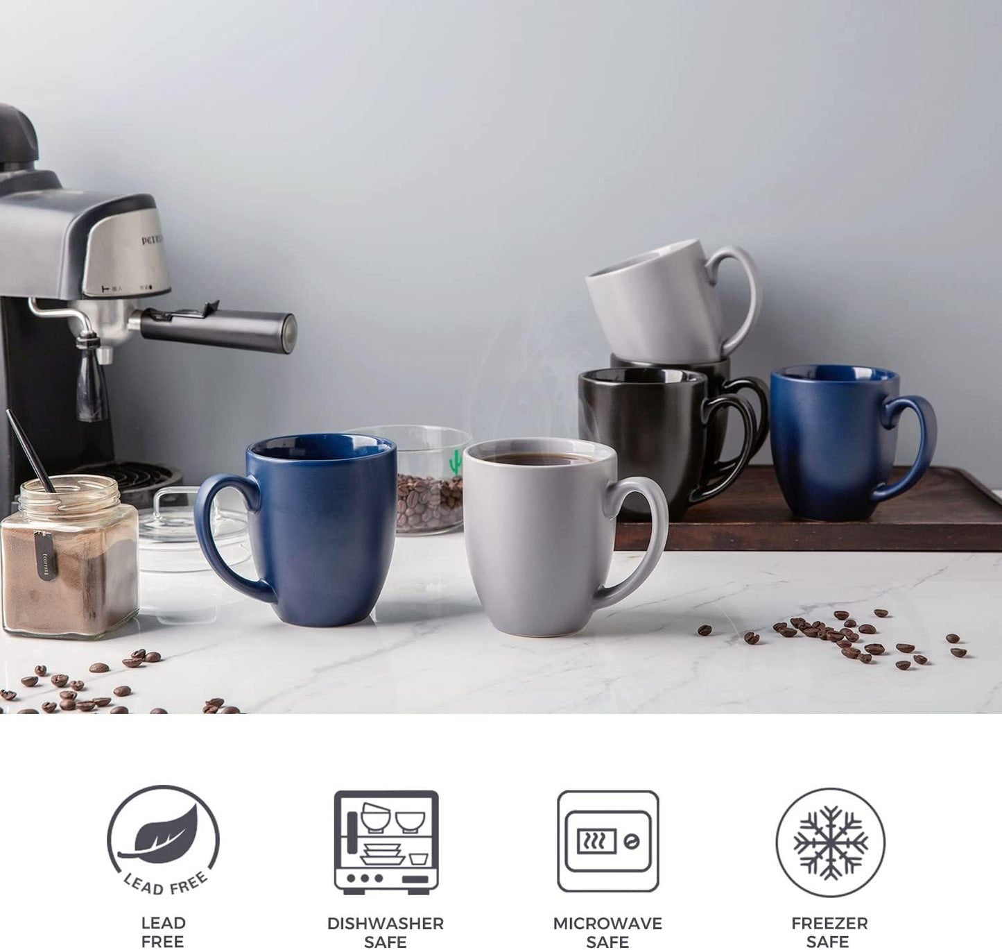 AmorArc 16oz Coffee Mugs Set of 6, Large Ceramic Coffee Mugs for Man, Woman, Dad, Mom, Modern Coffee Mugs Set with handle for Tea/Latte/Cappuccino/Milk/Cocoa. Dishwasher&Microwave Safe, Multi