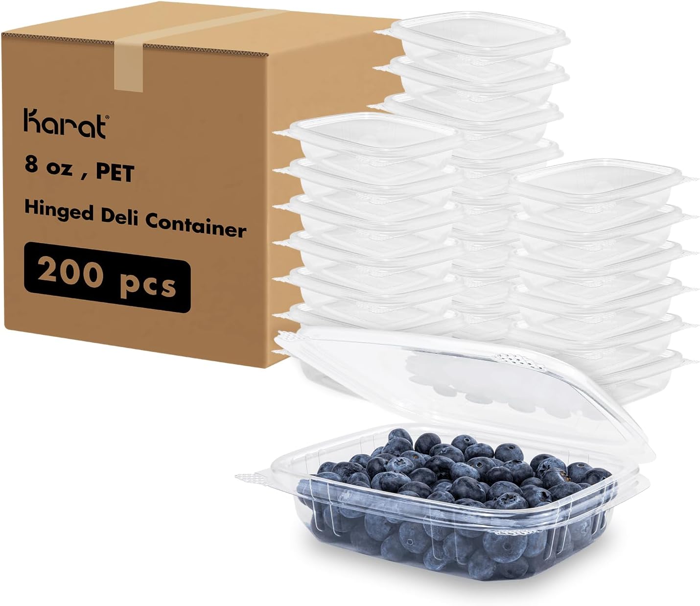 Karat [8oz -200 ct Small Clamshell Containers with Lids, For Berries, Fruits, Nuts, and Home Meal Prep - Clear Plastic Food Containers, Take Out Containers