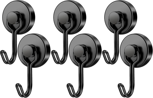 FINDMAG Black Magnetic Hooks, 60 LB+ Magnetic Hooks Heavy Duty 2025 Cruise Ship Essentials, Stong Neodymium Magnet Hooks for Refrigerator, Workplace, Curtain, Locker Accessories, Home - 6 Pack