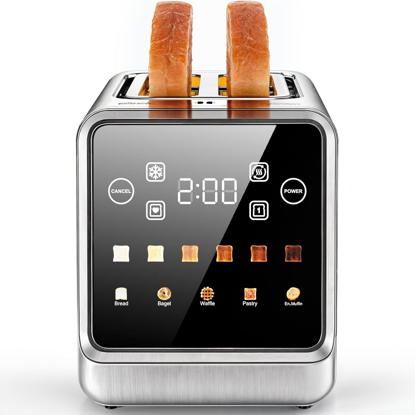 Toaster 2 Slice Wide Slot, Stainless Steel Digital Toasters Best Rated Prime, Touch Screen Toaster for 5 Bread Types/6 Shade Settings/Single Slot Toasting/Memory Function/Defrost/Reheat