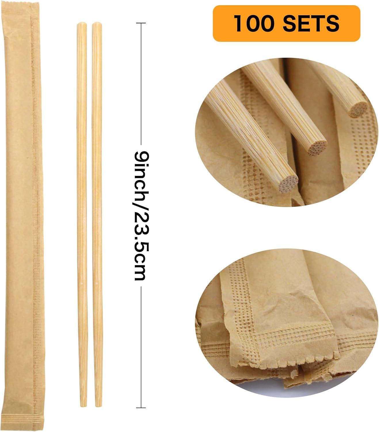 Disposable Bamboo Chopsticks (Approx.100 sets),Japanese Chopsticks,9.25'' Long Chopsticks Disposable,Individually Full Kraft Paper Wrapped Chinese Chopsticks