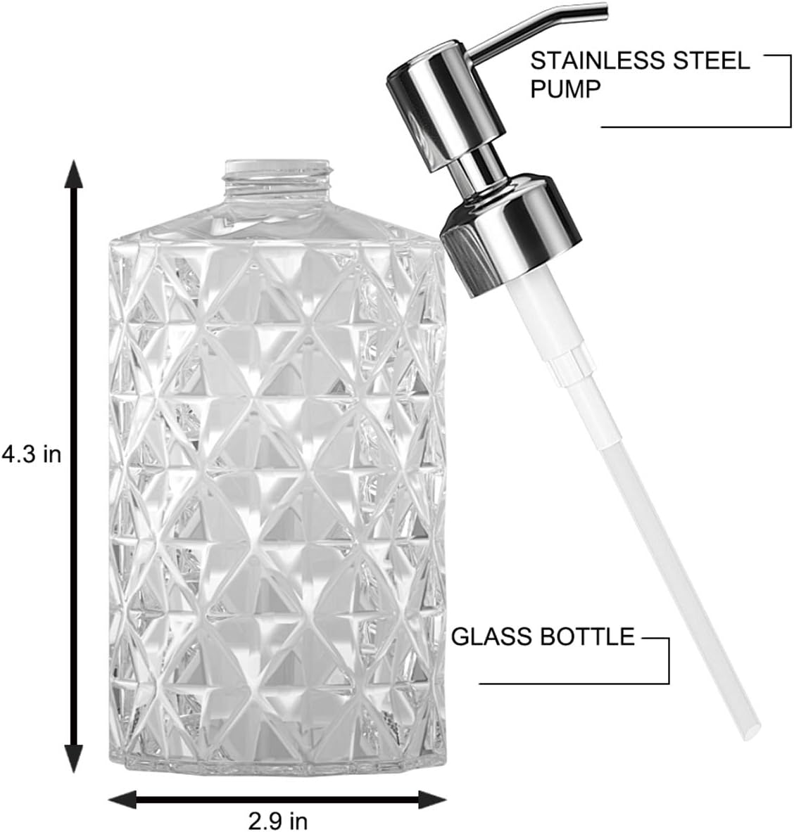 GLADPURE Soap Dispenser - 2 Pack, 12 Oz Clear Diamond Design Glass Refillable Hand Soap Dispensers; with 304 Rust Proof Stainless Steel Pump, Lotion Dispensers for Kitchen, Bathroom