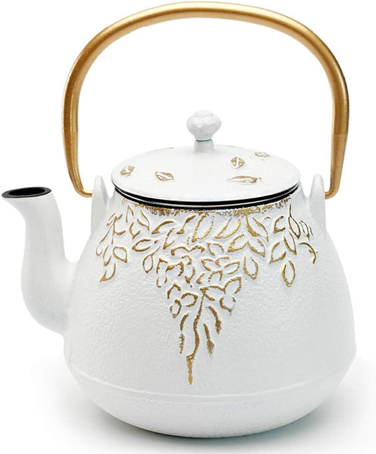 TOPTIER Japanese Cast Iron Tea Kettle with Infuser,Teapot Stovetop Safe, Leaf Design , Coated with Enameled Interior for 32 Ounce (950 ml), White