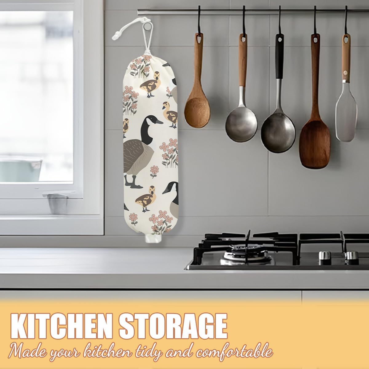 Duck Plastic Bag Holder, Wall Mount Grocery Bag Holder, Plastic Storage bag, Pull Rope Free Adjustment, Plastic Bag Holders for Grocery Bags, Plastic Bag Dispenser for Home Kitchen