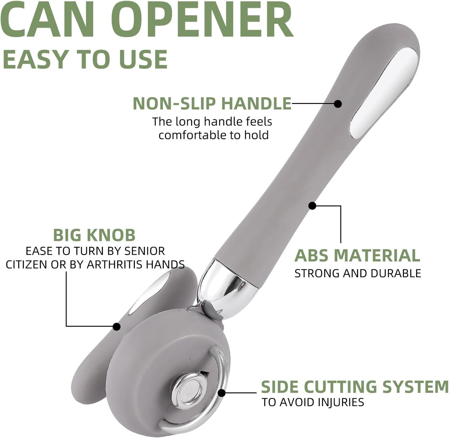 Can Opener Manual Tin Opener Stainless Steel Heavy Duty, Oversized Hand-held Easy Rotary Knob, Safe Cut Manual Can Opener with Non-Slip Handle, Smoother Cut Sharp Blade for Seniors Kitchen Tool, Grey